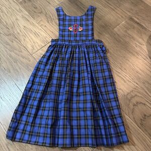 VTG Fast Friends Blue Plaid Embroidered E Pinafore Dress Size 7 Girls‎